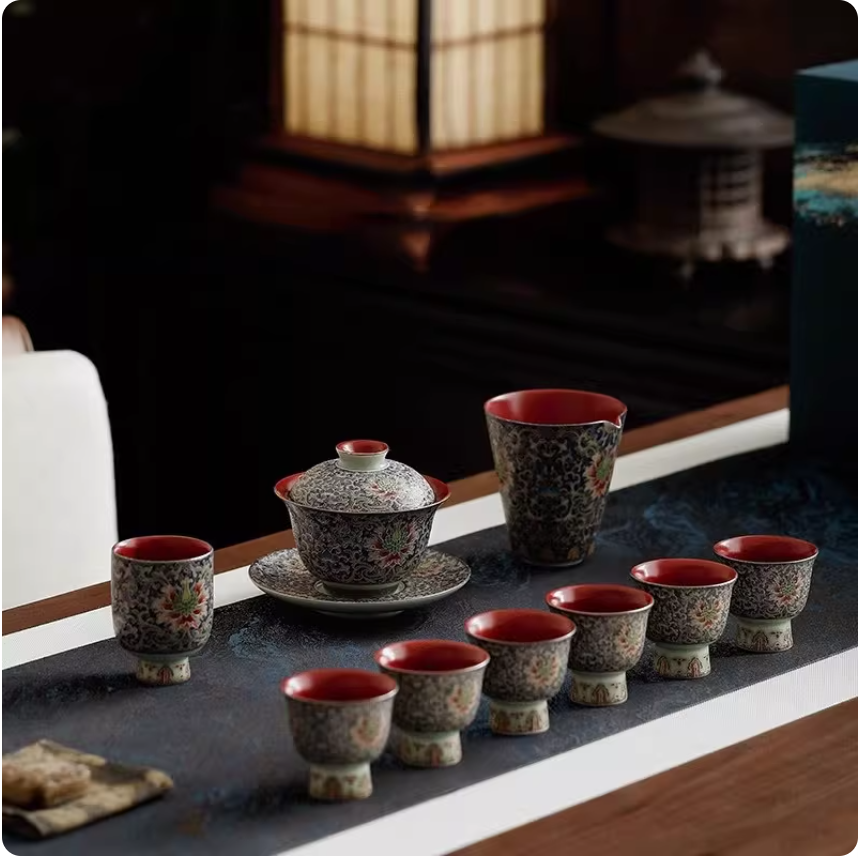 高档礼盒装掐丝珐琅盖碗茶杯功夫茶具套装整套送长辈领导节日礼物